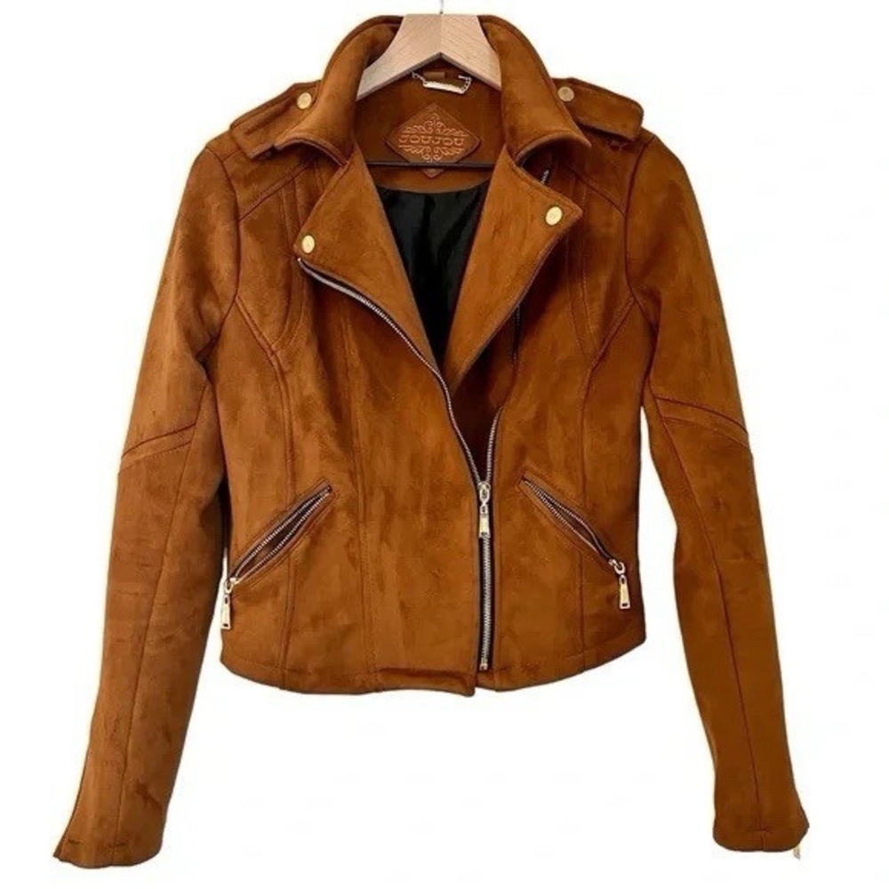 Boho Motorcycle Jacket in Faux Suede, Cognac, Size Small